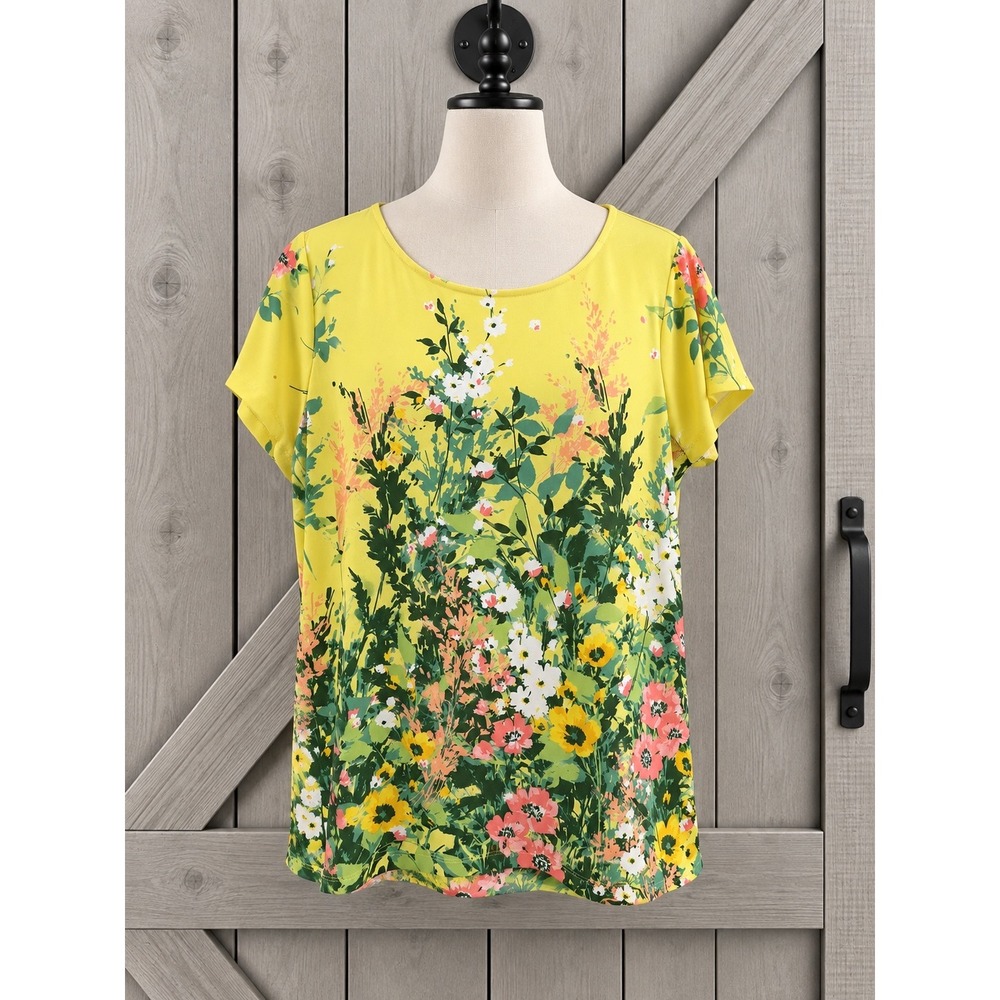 Susan Graver Liquid Knit Tunic Top Size Large Yellow Floral Print A352211
